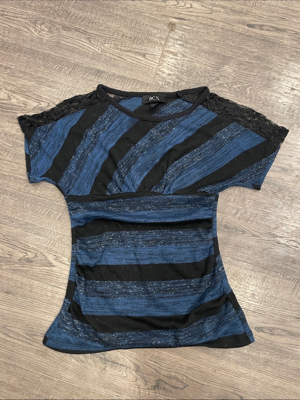 BCX Black and Blue Striped Short Sleeve Tee with Lace Shoulders